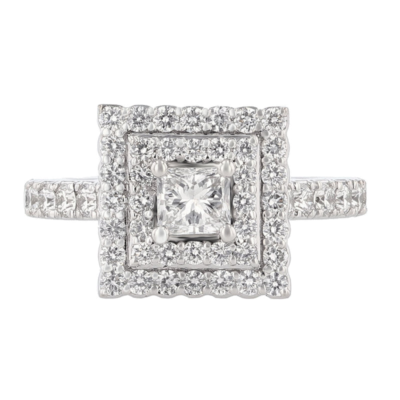 14K White Gold Princess Cut Diamond Double Halo Engagement Ring - Nazarelle