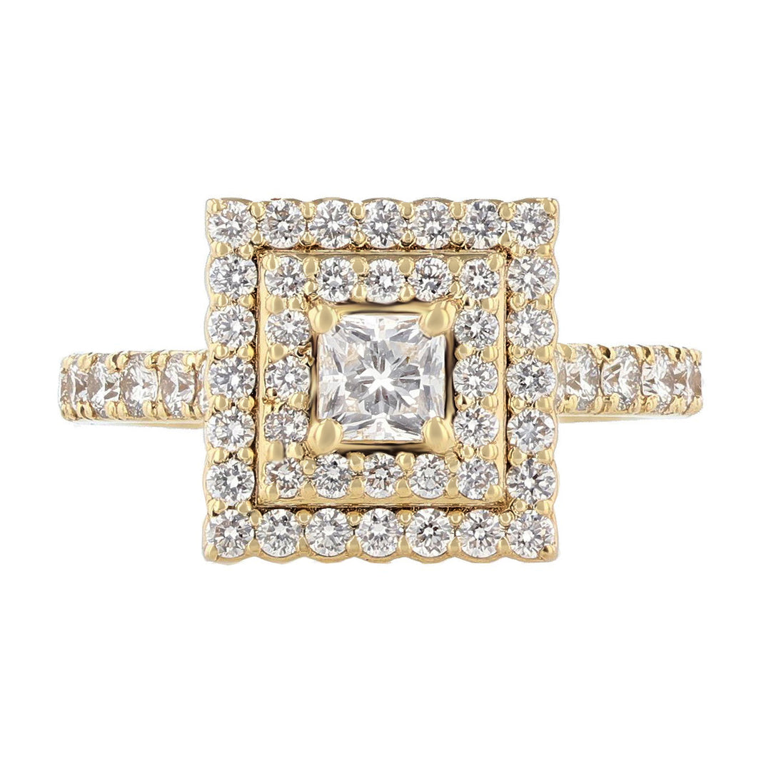 14K Yellow Gold Princess Cut Diamond Double Halo Engagement Ring - Nazarelle