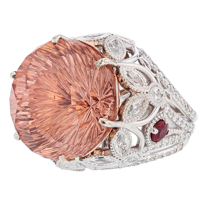 14K White and Rose Gold 23.40Ct Morganite, Diamond, and Ruby Ring - Nazarelle