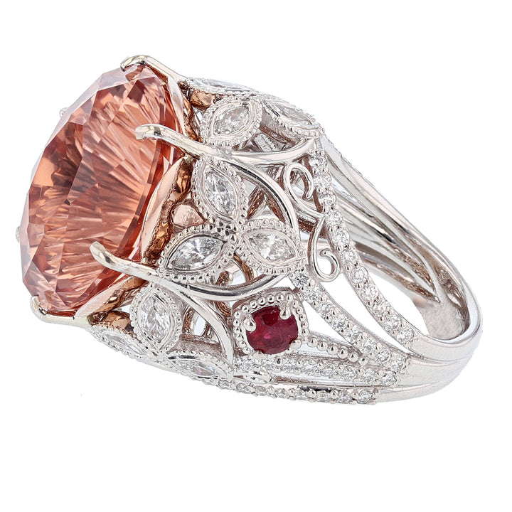 14K White and Rose Gold 23.40Ct Morganite, Diamond, and Ruby Ring - Nazarelle