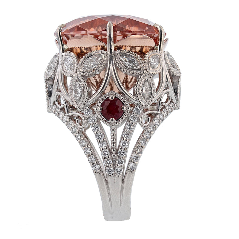 14K White and Rose Gold 23.40Ct Morganite, Diamond, and Ruby Ring - Nazarelle