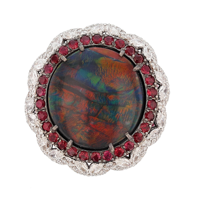 14K White Gold 11.11 Carat Australian Black Opal, Diamond, and Ruby Ring - Nazarelle