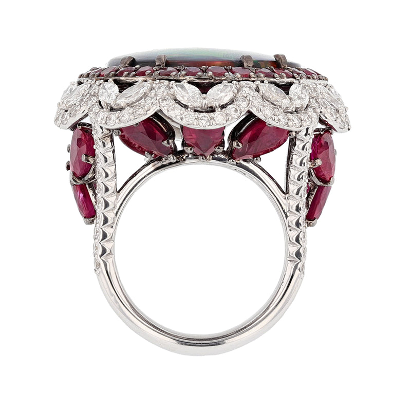 14K White Gold 11.11 Carat Australian Black Opal, Diamond, and Ruby Ring - Nazarelle