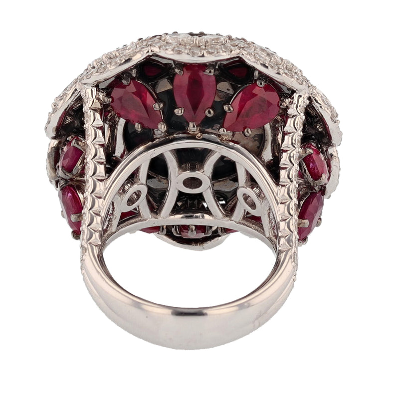 14K White Gold 11.11 Carat Australian Black Opal, Diamond, and Ruby Ring - Nazarelle