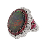 14K White Gold 11.11 Carat Australian Black Opal, Diamond, and Ruby Ring - Nazarelle