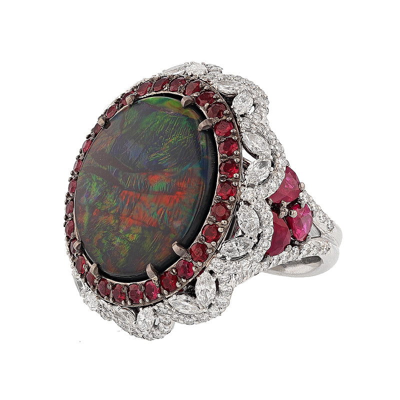 14K White Gold 11.11 Carat Australian Black Opal, Diamond, and Ruby Ring - Nazarelle