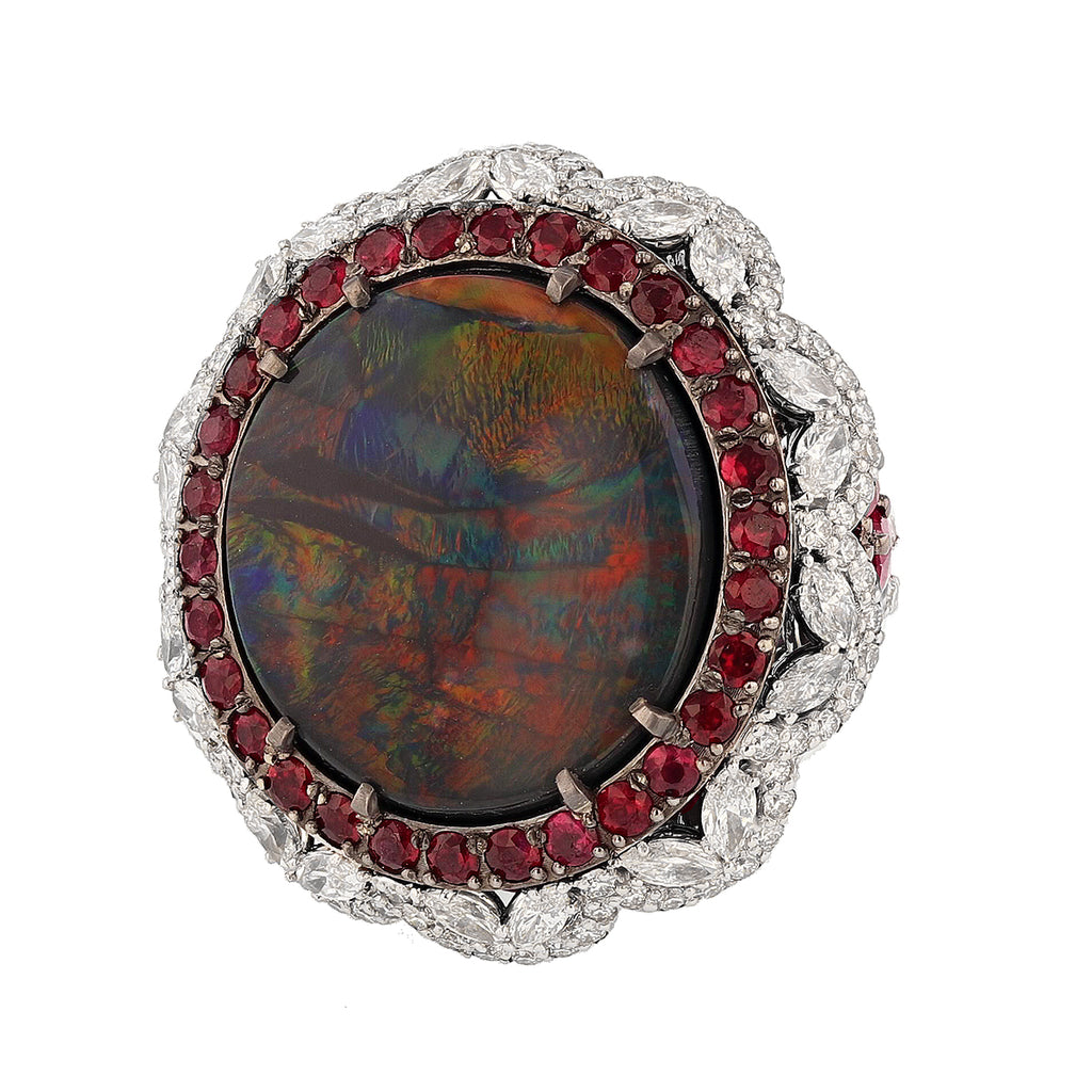 14K White Gold 11.11 Carat Australian Black Opal, Diamond, and Ruby Ring - Nazarelle