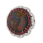14K White Gold 11.11 Carat Australian Black Opal, Diamond, and Ruby Ring - Nazarelle