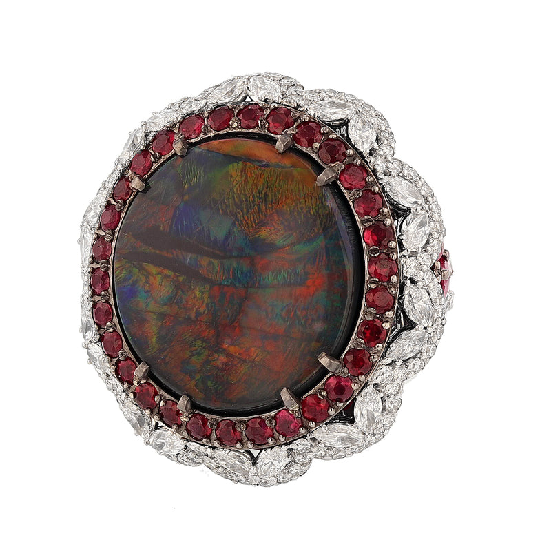 14K White Gold 11.11 Carat Australian Black Opal, Diamond, and Ruby Ring - Nazarelle
