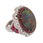 14K White Gold 11.11 Carat Australian Black Opal, Diamond, and Ruby Ring - Nazarelle