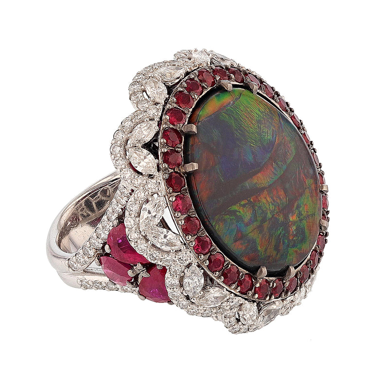 14K White Gold 11.11 Carat Australian Black Opal, Diamond, and Ruby Ring - Nazarelle