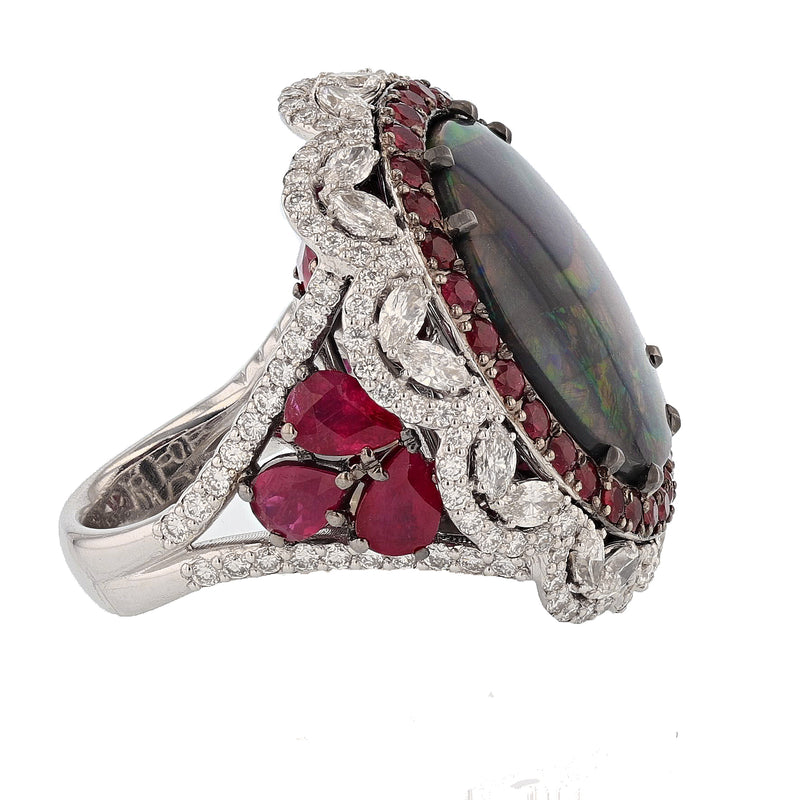 14K White Gold 11.11 Carat Australian Black Opal, Diamond, and Ruby Ring - Nazarelle