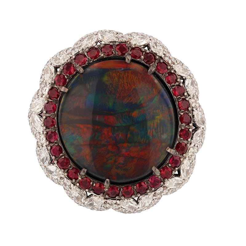 14K White Gold 11.11 Carat Australian Black Opal, Diamond, and Ruby Ring - Nazarelle
