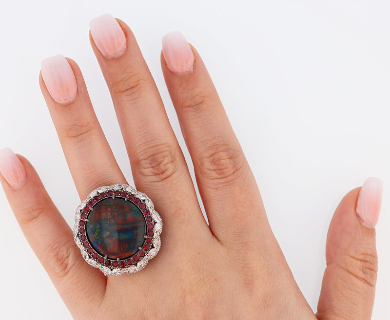 14K White Gold 11.11 Carat Australian Black Opal, Diamond, and Ruby Ring - Nazarelle