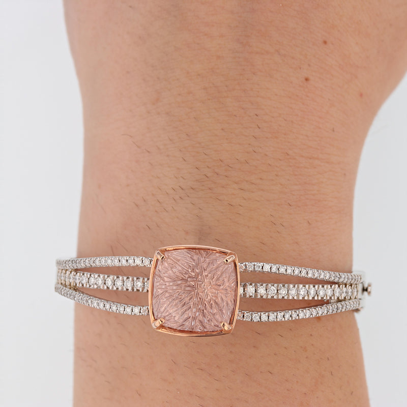 14K White and Rose Gold Cushion Morganite and Diamond Bangle - Nazarelle