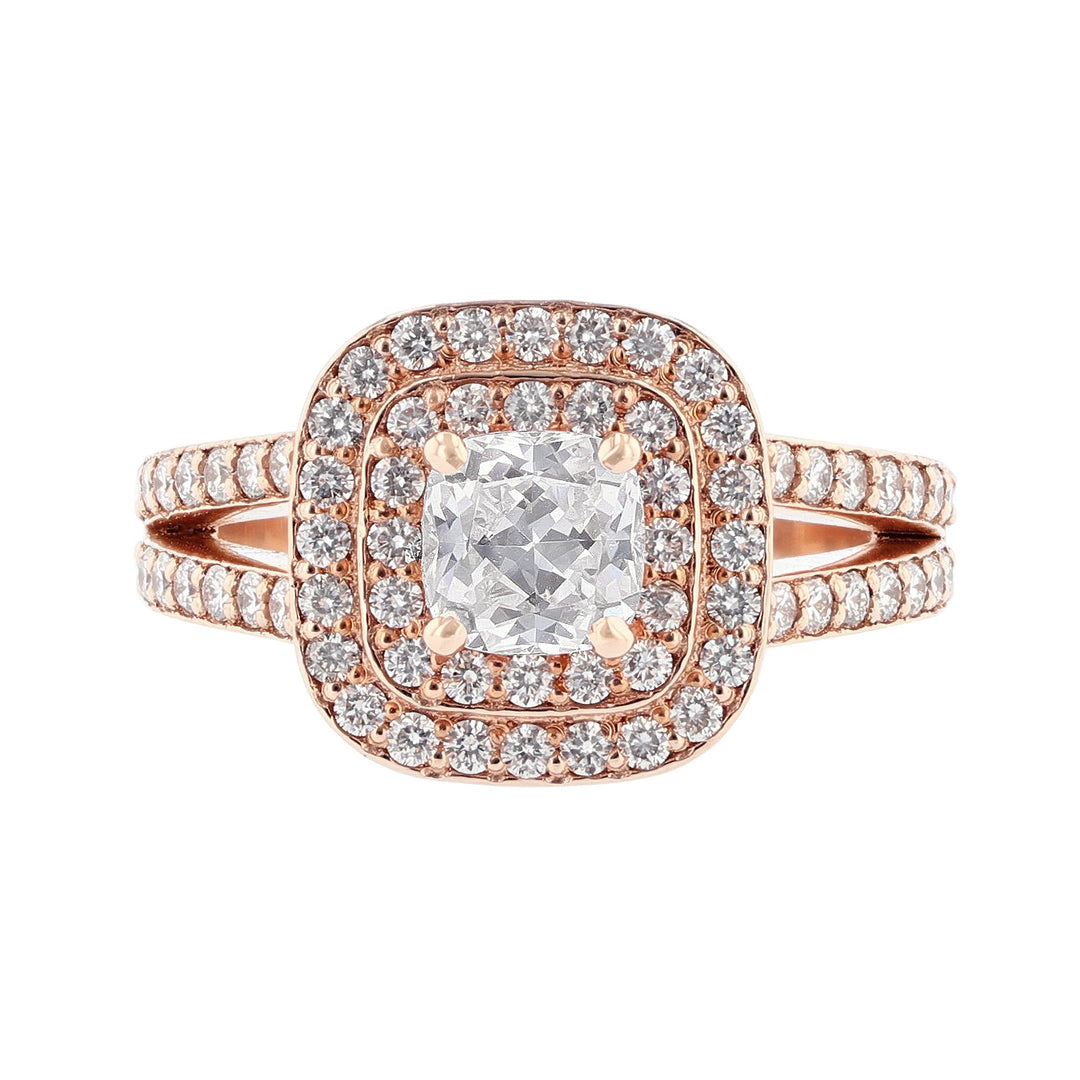 14K Rose Gold Cushion Double Halo Diamond Engagement Ring - Nazarelle