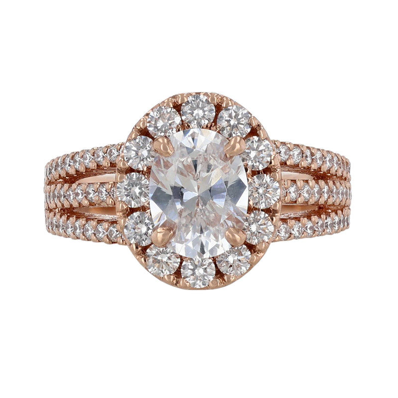 14K Rose Gold Triple Shank Oval Halo Diamond Ring - Nazarelle
