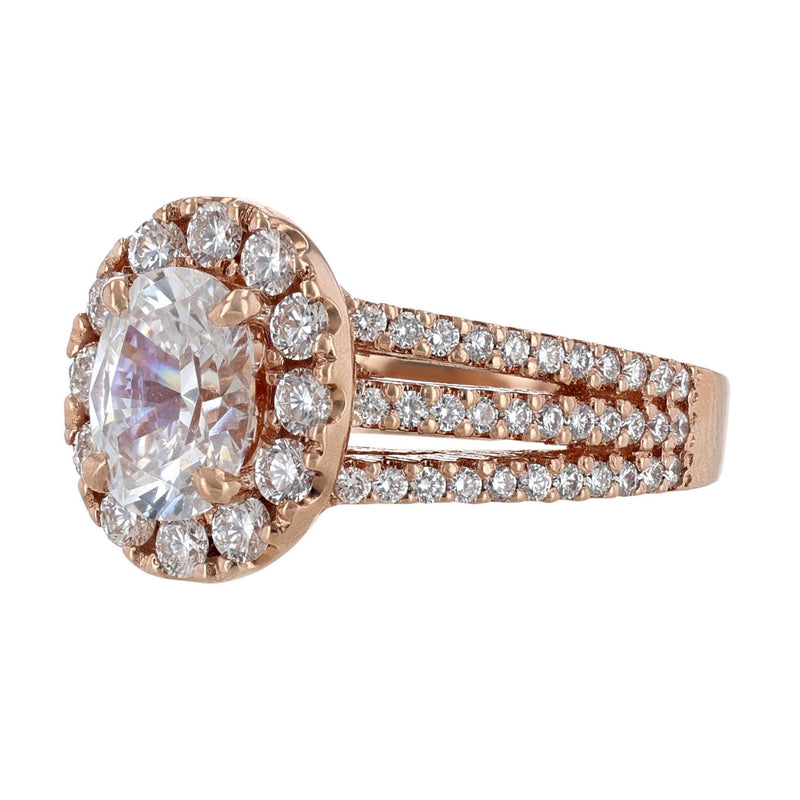 14K Rose Gold Triple Shank Oval Halo Diamond Ring - Nazarelle