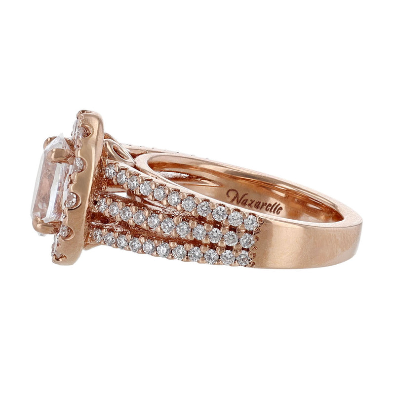 14K Rose Gold Triple Shank Oval Halo Diamond Ring - Nazarelle