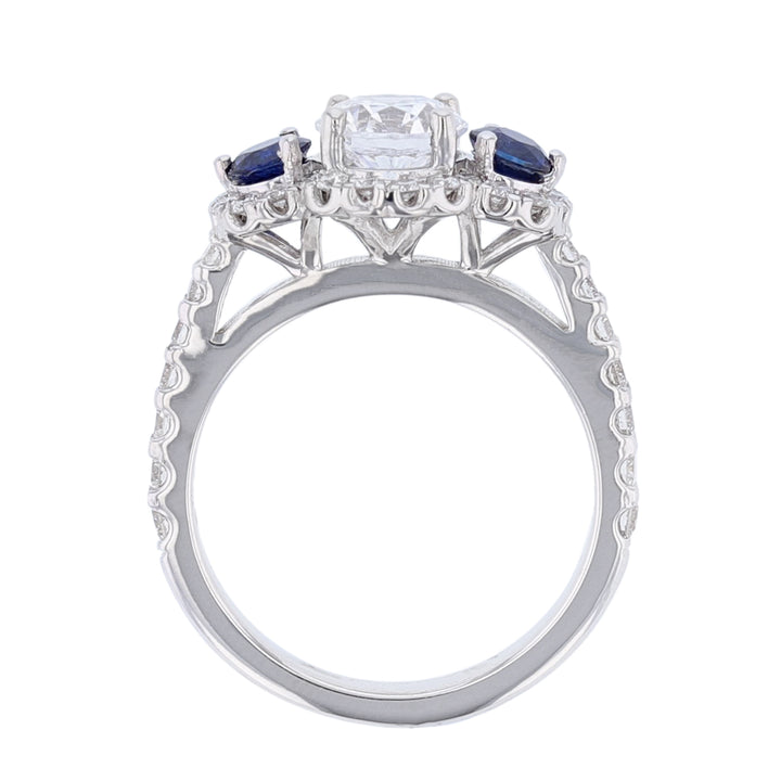 Three Stone Blue Sapphire Diamond Halo Ring - Nazarelle