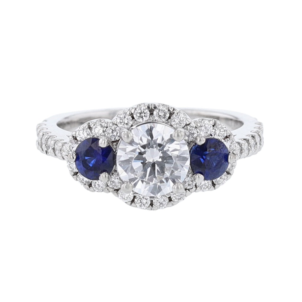 Three Stone Blue Sapphire Diamond Halo Ring - Nazarelle