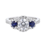 Three Stone Blue Sapphire Diamond Halo Ring - Nazarelle
