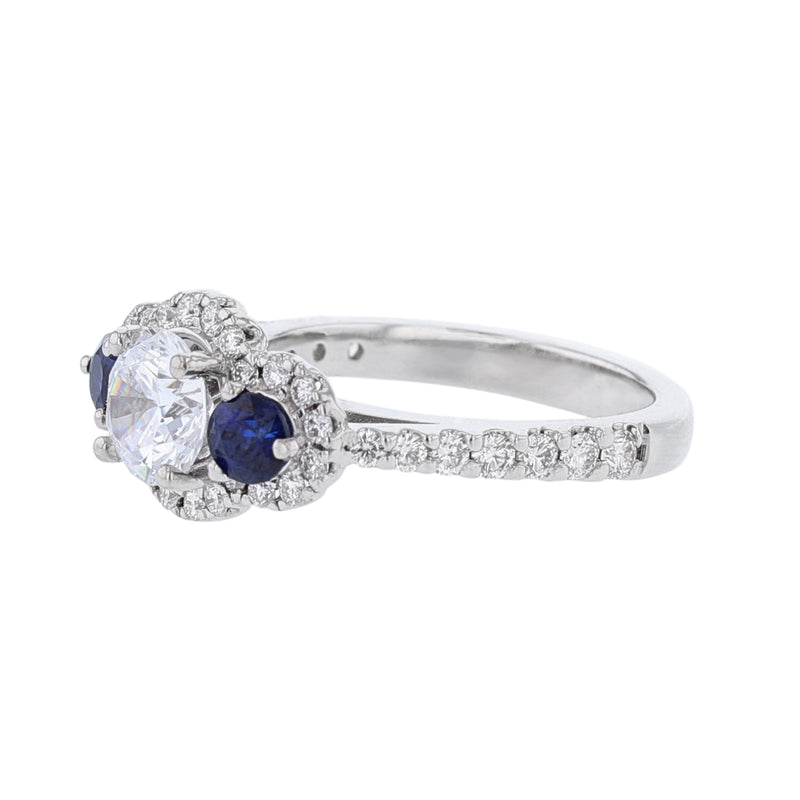 Three Stone Blue Sapphire Diamond Halo Ring - Nazarelle