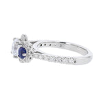 Three Stone Blue Sapphire Diamond Halo Ring - Nazarelle