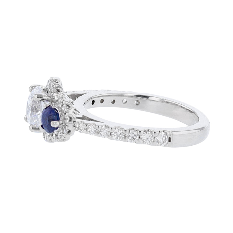 Three Stone Blue Sapphire Diamond Halo Ring - Nazarelle
