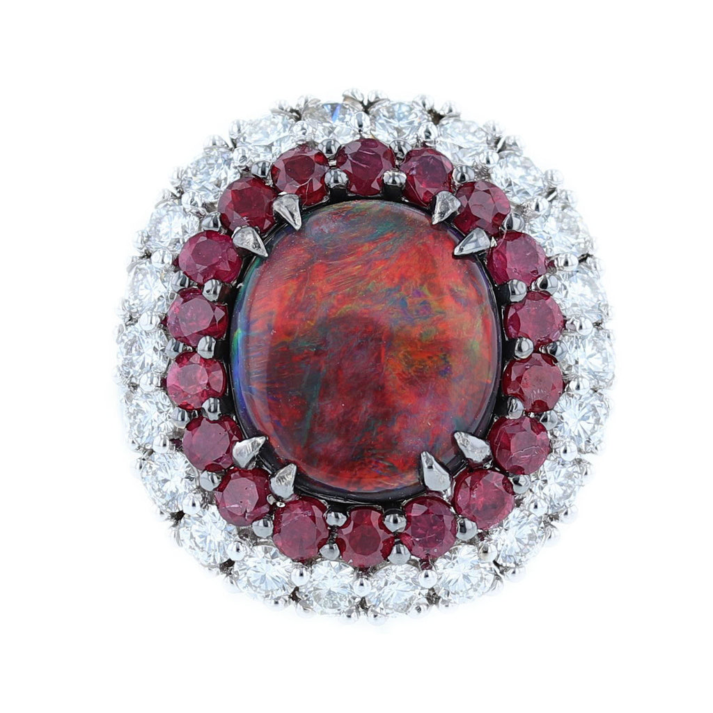 Natural Australian Red Opal, Diamond, and Ruby Ring - Nazarelle