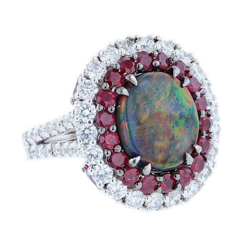 Natural Australian Red Opal, Diamond, and Ruby Ring - Nazarelle