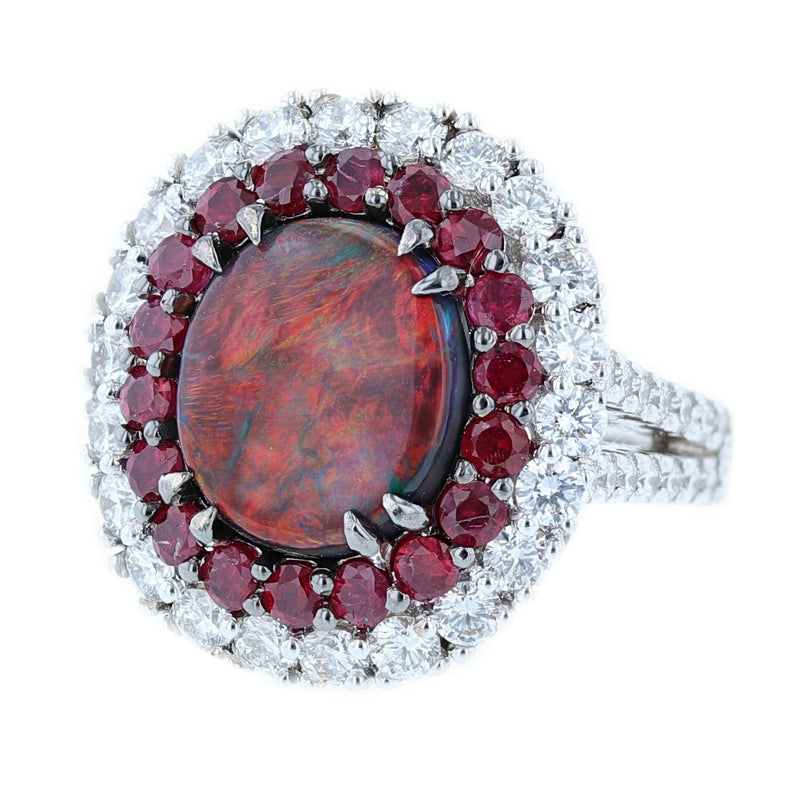 Natural Australian Red Opal, Diamond, and Ruby Ring - Nazarelle