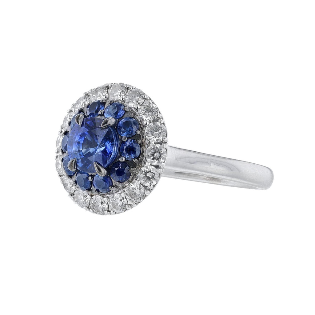 14K White Gold Blue Sapphire Diamond Halo Engagement Ring - Nazarelle