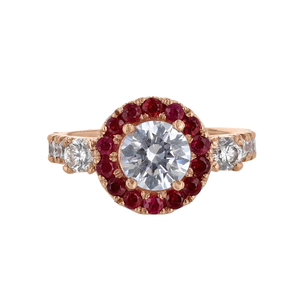 14K Rose Gold Round Ruby Halo Diamond Engagement Ring - Nazarelle