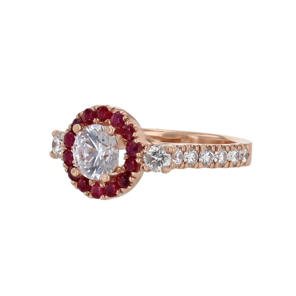 14K Rose Gold Round Ruby Halo Diamond Engagement Ring - Nazarelle