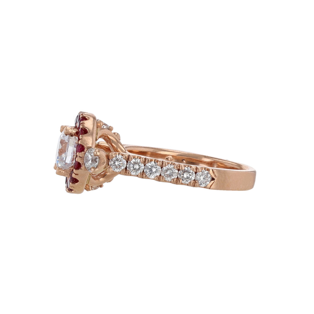 14K Rose Gold Round Ruby Halo Diamond Engagement Ring - Nazarelle