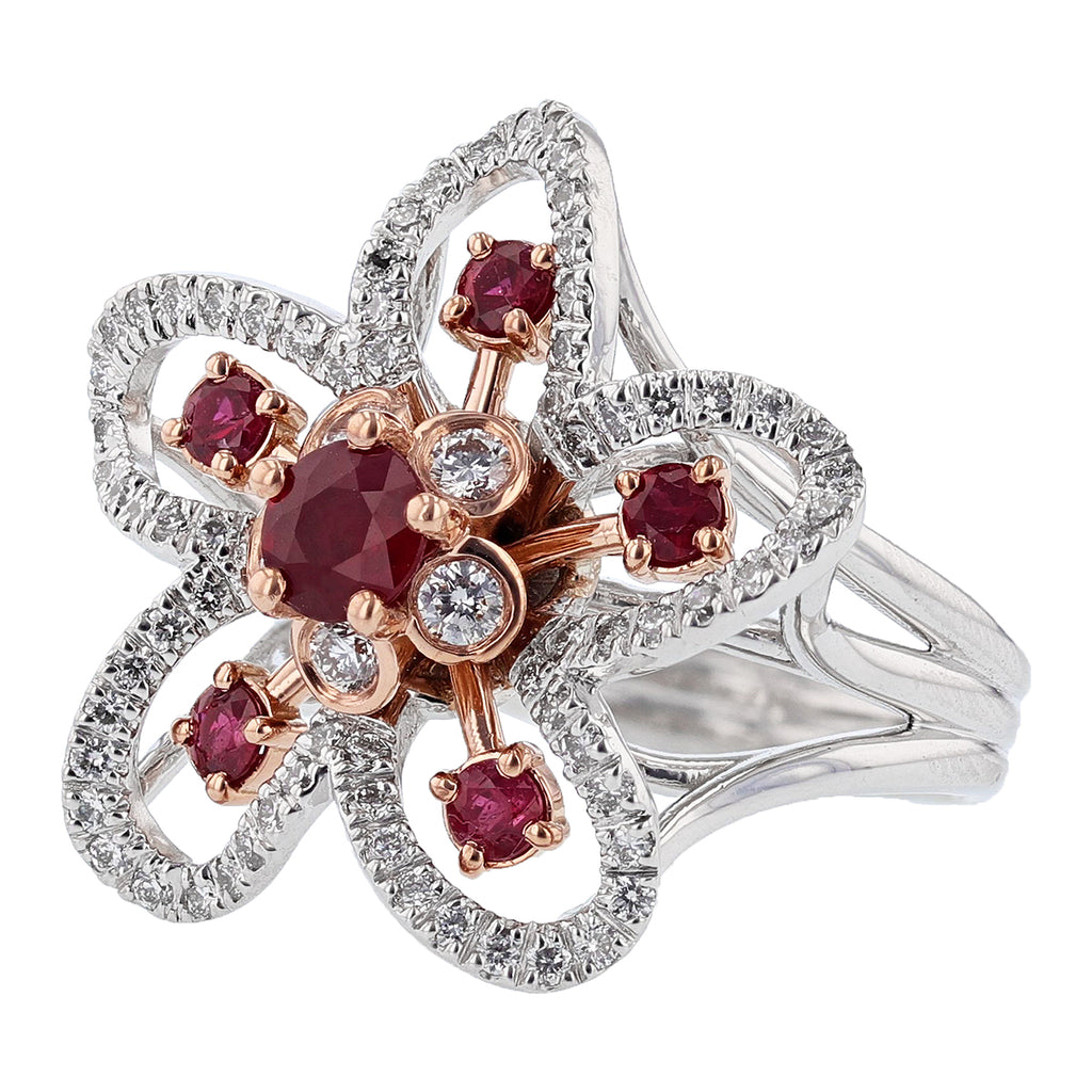 14K White and Rose Gold Ruby and Diamond Flower Ring - Nazarelle