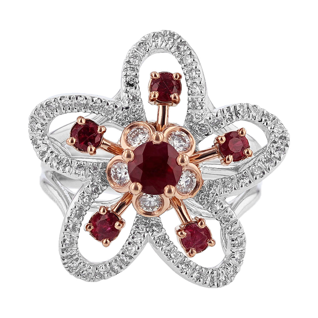 14K White and Rose Gold Ruby and Diamond Flower Ring - Nazarelle