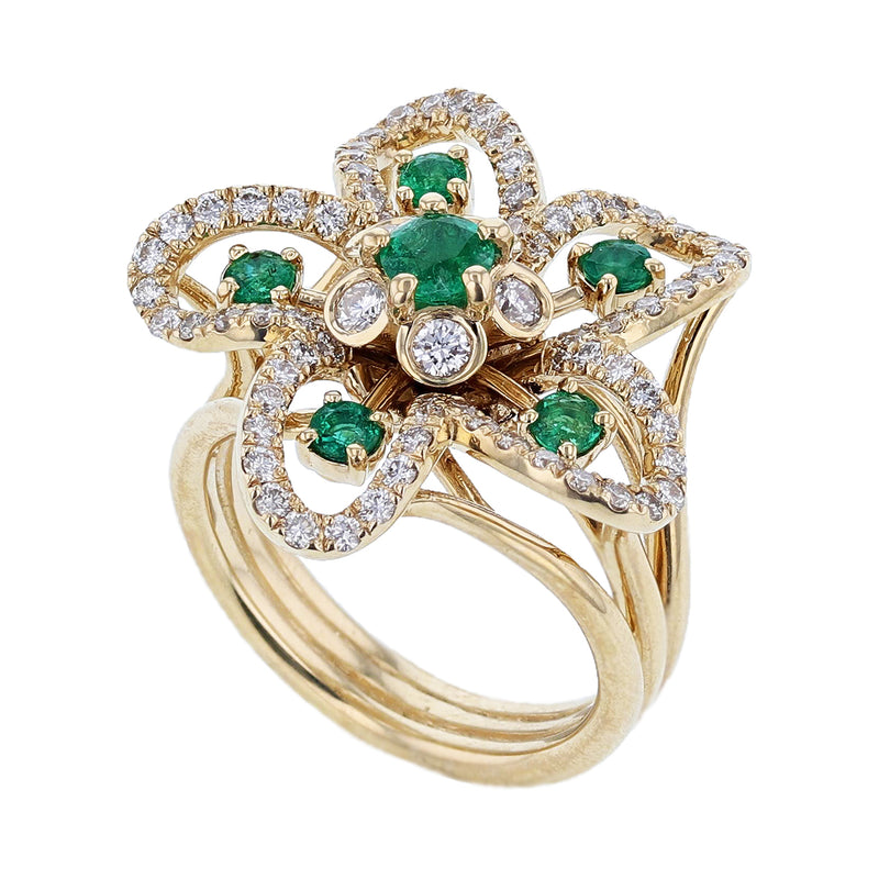 18K Yellow Gold Emerald and Diamond Flower Ring - Nazarelle