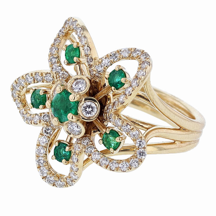 18K Yellow Gold Emerald and Diamond Flower Ring - Nazarelle