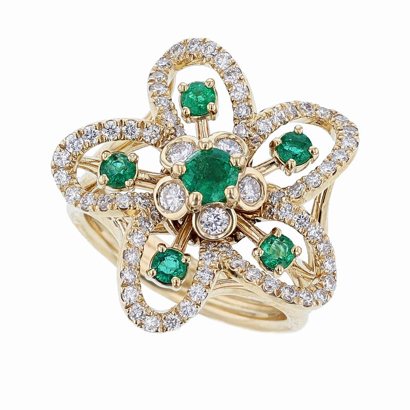 18K Yellow Gold Emerald and Diamond Flower Ring - Nazarelle