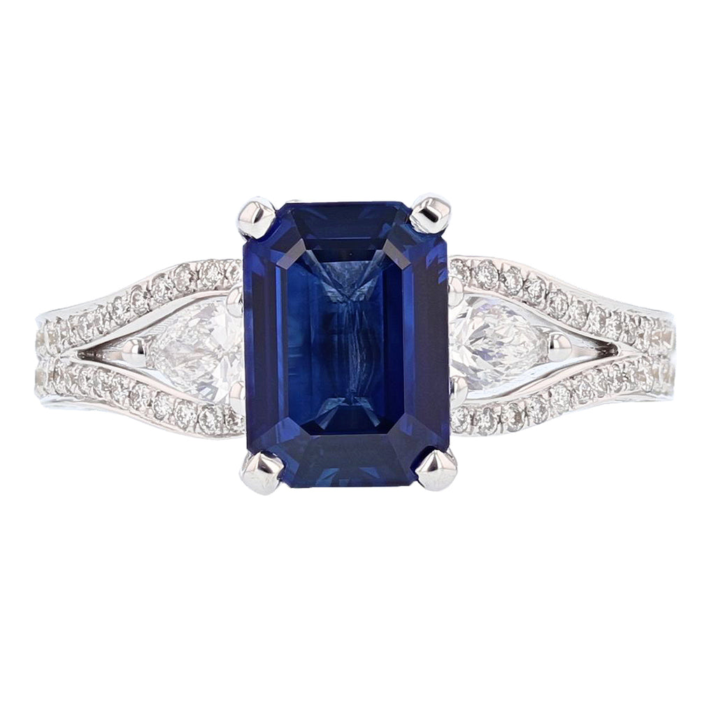18K White Gold 2.20 Carat Emerald Cut Sapphire and Diamond Ring - Nazarelle