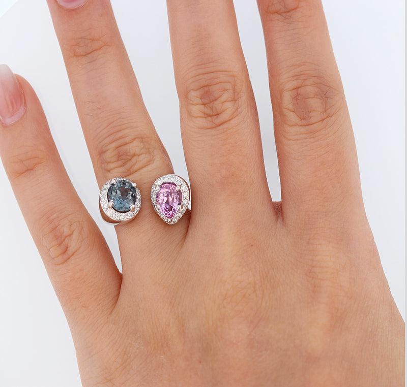14K White Gold Pink and Blue Spinel and Diamond Ring - Nazarelle