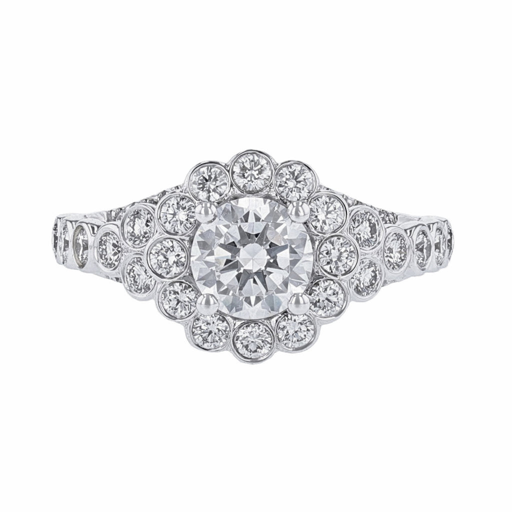 18K White Gold Round Halo Pave Bezel Diamond Ring - Nazarelle