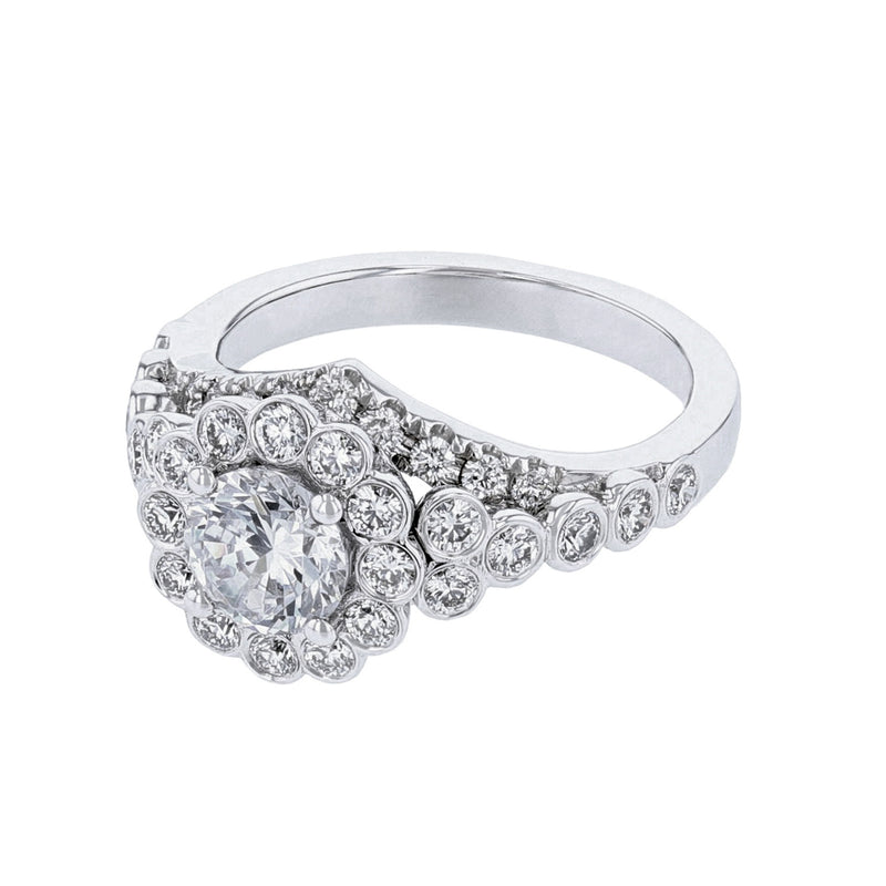 18K White Gold Round Halo Pave Bezel Diamond Ring - Nazarelle