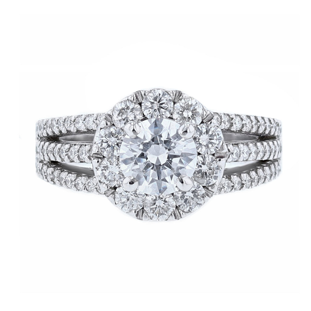 Round Halo Triple Split Shank Diamond Engagement Ring - Nazarelle