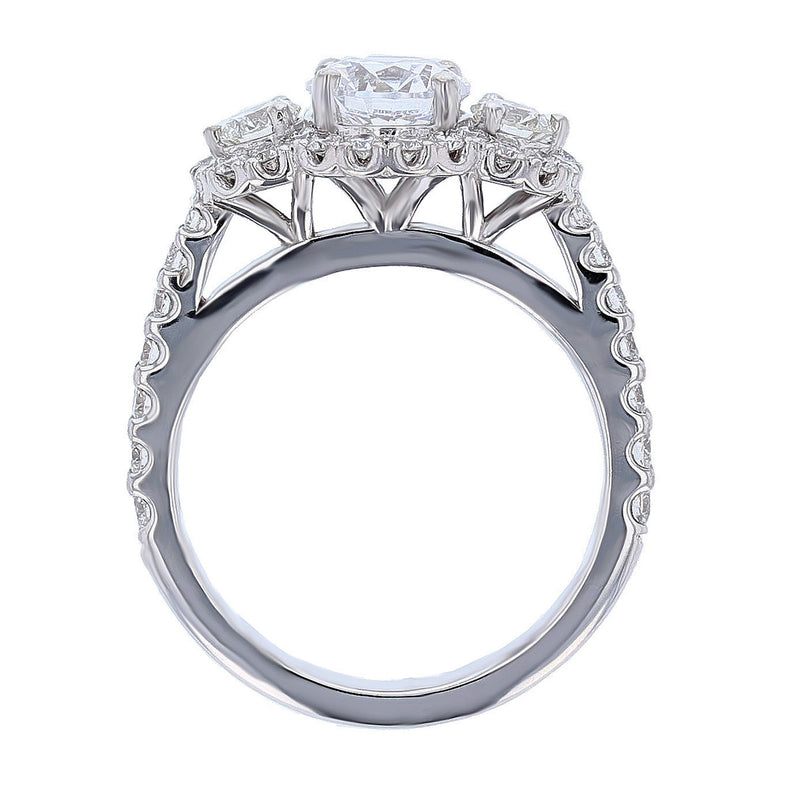 18K White Gold Three Stone with Halo Round Diamond Engagement Ring - Nazarelle