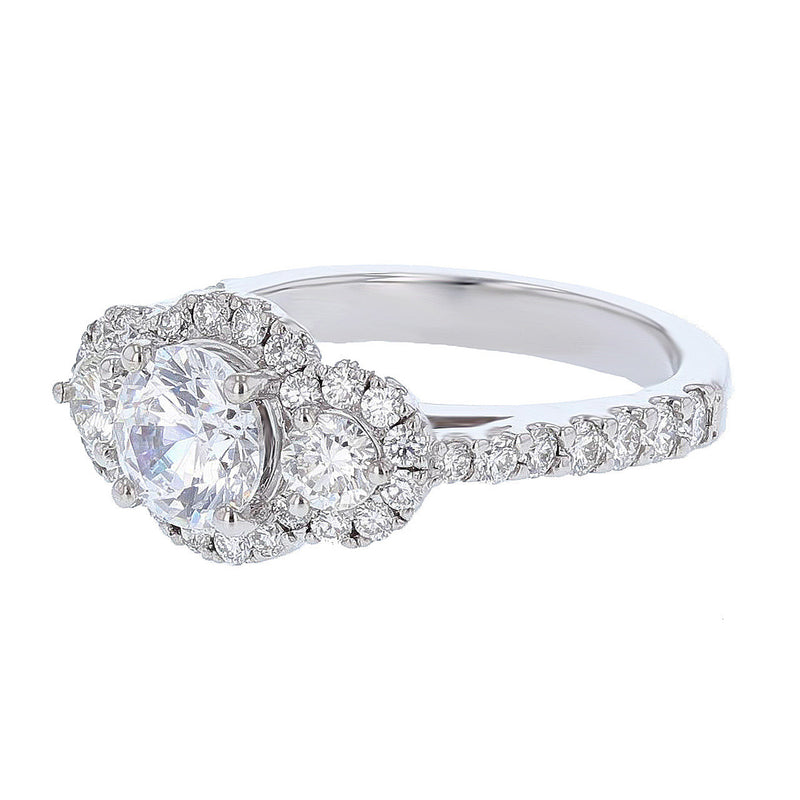 18K White Gold Three Stone with Halo Round Diamond Engagement Ring - Nazarelle