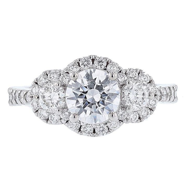 18K White Gold Three Stone with Halo Round Diamond Engagement Ring - Nazarelle