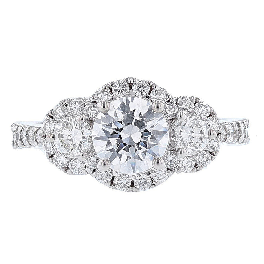 18K White Gold Three Stone with Halo Round Diamond Engagement Ring - Nazarelle